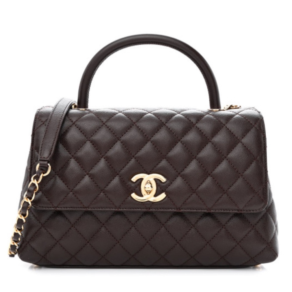 CHANEL 
Caviar Quilted Coco Handle Flap Dark Brown bag